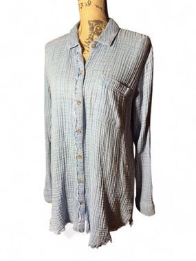 Natural Reflections Blue Cotton Gauze Button-Up Shirt Frayed Hem Size L Boho